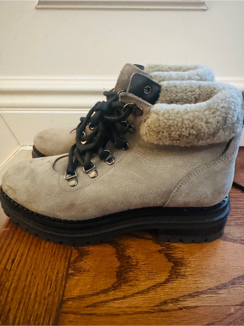M. Gemi Suede Lace-Up Ankle Boots with Shearling Collar - Light Gray
